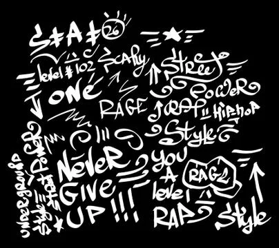 Many graffiti tags on a black background Stock Illustration
