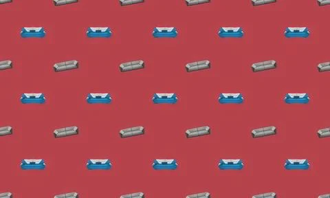 Many gray and blue sofas on a red background Stock Illustration