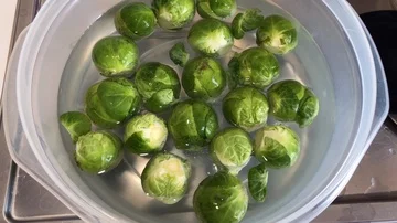 Many green Brussels sprout floating on water in a big glass bowl to be wash. Stock-Footage 85718137