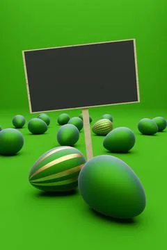 Many green Easter eggs with golden egg on a green background modern Easter Stock-Fotos