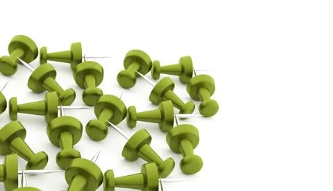 Many green push pins rendered on white background Stock Illustration