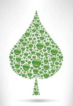 Many green water drops creating leaf shape -environment symbol Stock Illustration