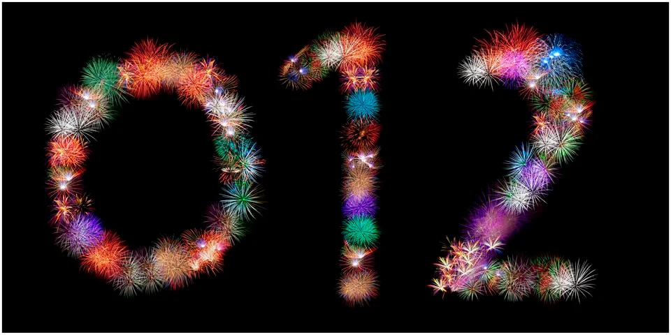 Many  groups of exploding fireworks shaped like numbers 스톡 일러스트