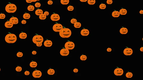 Many halloween pumpkins are falling down on black background. Rain with pumpkins Stock Footage 157391876