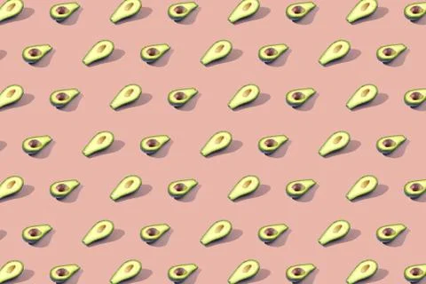 Many halves of avocado, pattern, banner. Blank bright background, pink orange Stock Photos