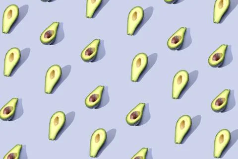 Many halves of avocado, pattern, banner. Blank bright background, blue purple Stock Photos