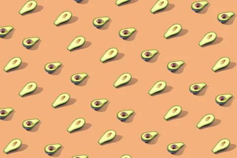 Many halves of avocado, pattern, banner. Blank bright background, pink orange Stock Photos