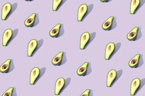 Many halves of avocado, pattern, banner. Blank bright background, blue purple Stock Photos
