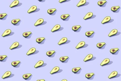 Many halves of avocado, pattern, banner. Blank bright background, blue purple Stock Photos