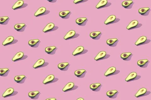 Many halves of avocado, pattern, banner. Billet bright background, pink purpl Stock Photos