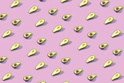 Many halves of avocado, pattern, banner. Billet bright background, pink purpl Stock Photos