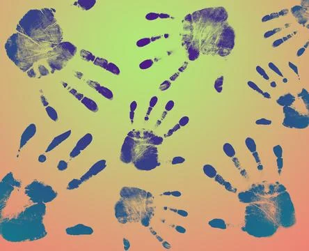 Many hand prints on multicolor background Stock Photos