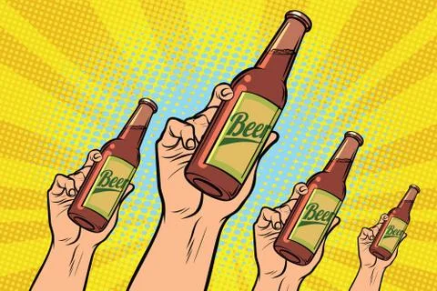 Many hands with a bottle of beer Stock Illustration