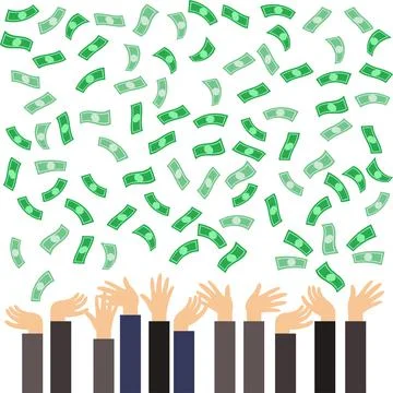 Many hands with dollars banknotes flying in the air.  Business success Stock Illustration