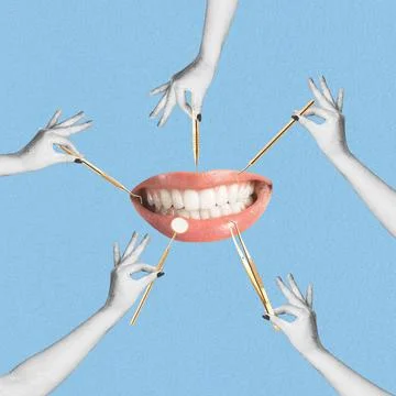 Many hands holding dentist tools in front of woman mouth Stock Illustration