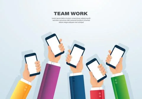 Many hands holding smartphone vector Stock Illustration
