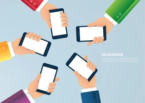 Many hands holding smartphone vector Stock Illustration