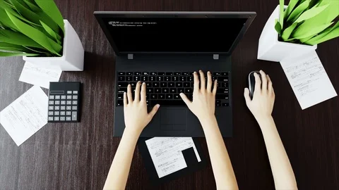 Many hands on keyboard. Workspace. Office work concept. Realistic 4k animation. Stock Footage 74478847