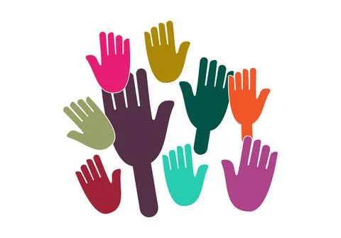 Many hands raised up, colored hands on a white background. Stock Illustration