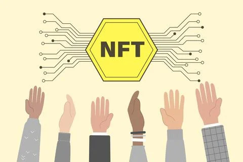 Many Hands Reaching For the NFT Token.  Cryptocurrency Theme Illustrazione stock