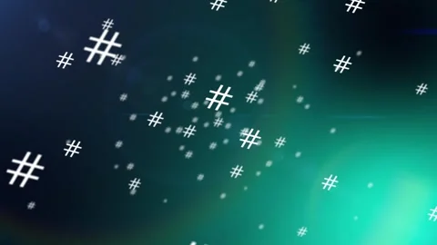 Many hashtags spin and fly in a modern background where light shines into th Stock Footage 258379349