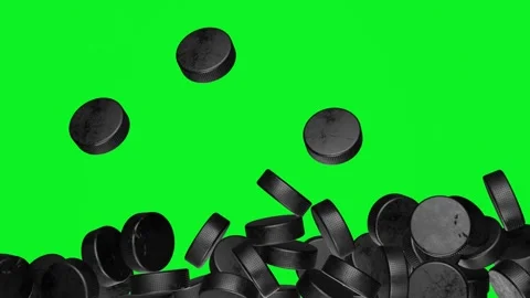 Many hockey pucks falling down on chromakey background. Hockey sport concept. Stock Footage 200853384