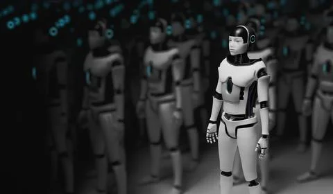 Many humanoid robots. Artificial intelligence concept. 3D rendered illustrati Stockillustratie