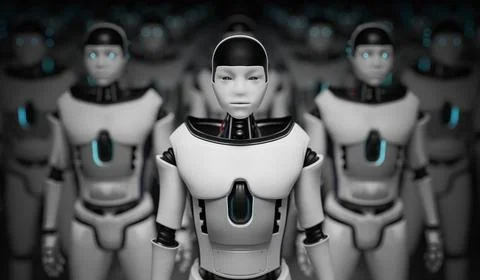 Many humanoid robots. Artificial intelligence concept. 3D rendered illustrati Stockillustratie