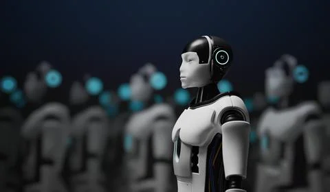 Many humanoid robots. Artificial intelligence concept. 3D rendered illustrati Stockillustratie