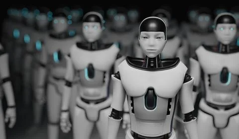 Many humanoid robots. Artificial intelligence concept. 3D rendered illustrati Stockillustratie