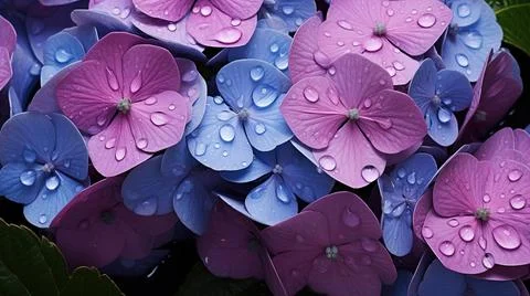 Many Hydrangea flowers bouquet pattern. Close-up of purple and blue hydrang.. Foto stock