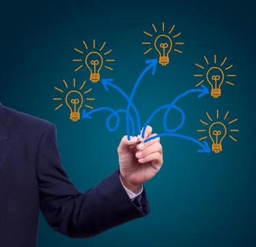 Many idea light bulb writing by hand Stock Photos