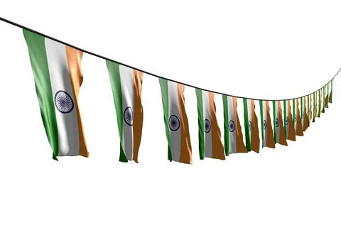 Many India flags hanging diagonal on string isolated Stock Illustration