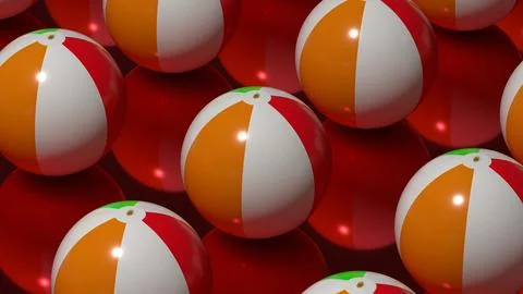 Many inflatable beach balls clustered together on red background Illustrazione stock