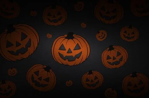 Many Jack o Lantern Pumpkins Halloween Background, Spooky Festive Pumpkin Sce Illustrazione stock
