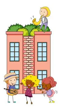 Many kids doing different activities around the building house Ilustración de archivo