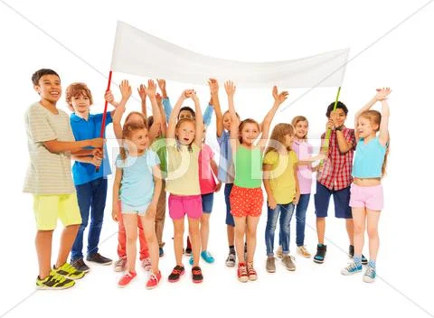 Many kids stand with blank banner Stock Photos