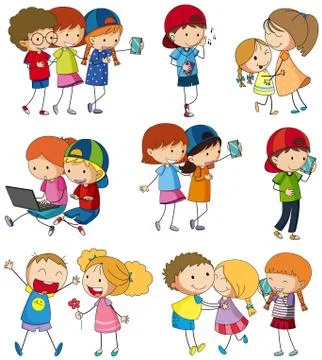 Many kids using computer and cellphone Ilustración de archivo