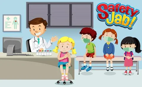 Many kids waiting in queue to get vaccine with a doctor cartoon character in  Illustrazione stock