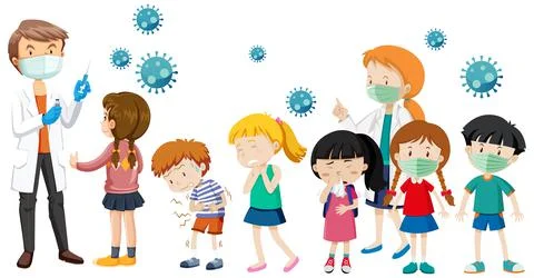 Many kids waiting in queue to get covid-19 vaccine on white background Illustrazione stock
