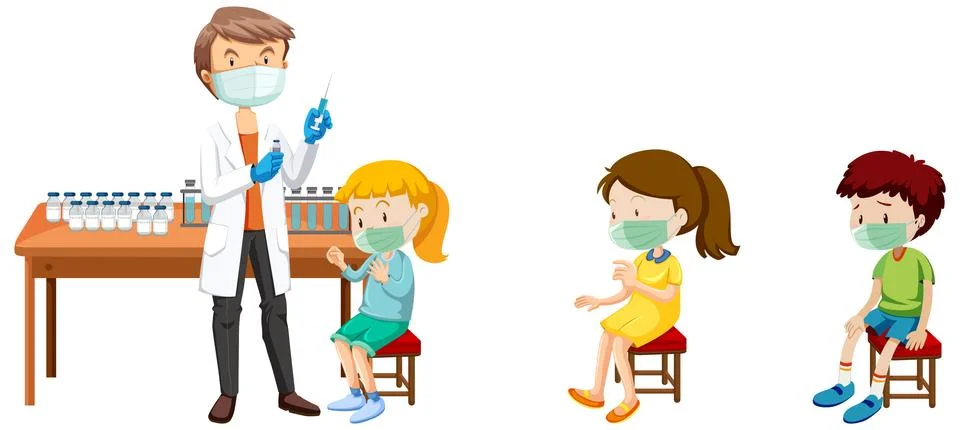 Many kids waiting in queue to get covid-19 vaccine and doctor cartoon charact Illustrazione stock