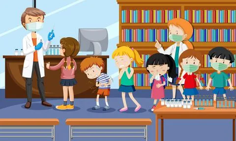 Many kids waiting in queue to get covid-19 vaccine in the hospital scene Illustrazione stock