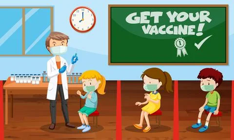 Many kids waiting in queue to get covid-19 vaccine Illustrazione stock