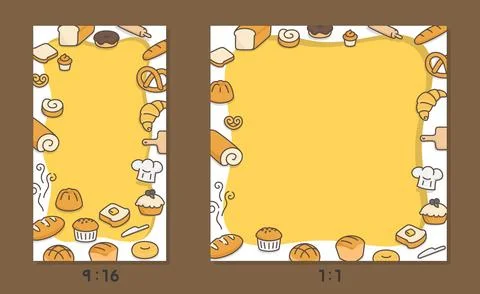 Many kinds of bread border frame template kawaii doodle flat cartoon vector illu Stock Illustration