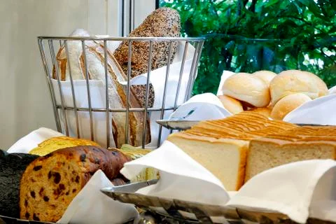 Many kinds of bread on buffet line Stock Photos