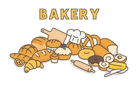 Many kinds of bread mockup banner kawaii doodle flat cartoon vector illustration Stock Illustration