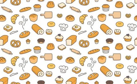 Many kinds of bread seamless pattern Gift Wrap wallpaper background kawaii doodl Stock Illustration