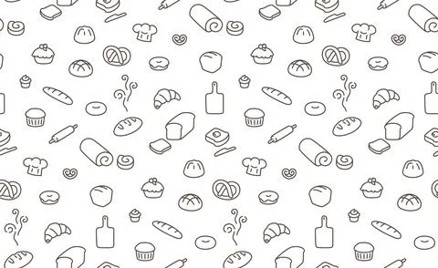 Many kinds of bread seamless pattern Gift Wrap wallpaper background kawaii doodl Stock Illustration