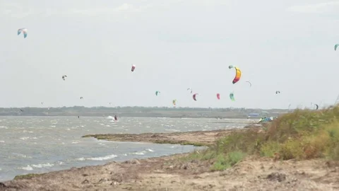 Many Kitesurfers. Athletes doing kite surf on limans. Stock Footage