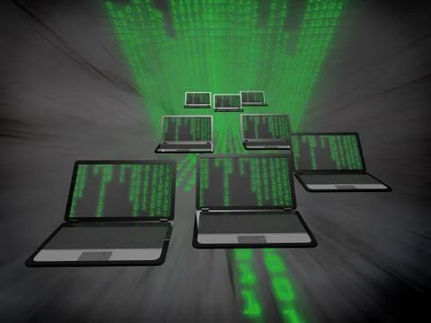 Many laptops with a binary code. Stockillustratie